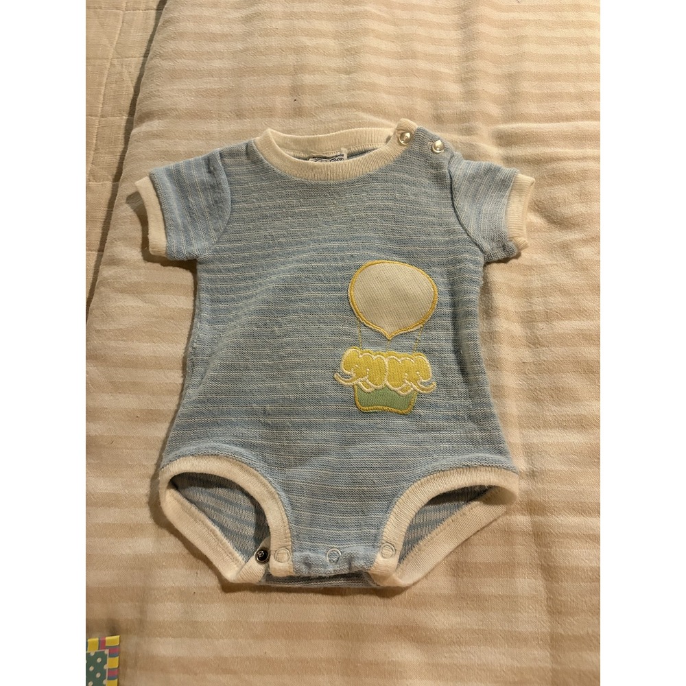 Vintage Doe Spun Baby Blue Striped Hot Air Balloon Elephant Knit Romper 6 Months